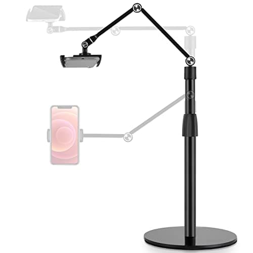 Viozon Tablet Phone Overhead Stand, Height & 360 Degree Angle Adjustable, Aluminum Desktop Stand, Compatible with 3.5-11" Cellphone or Tablet Such as iPhone iPad Pro Air Mini, Samsung, Nexus(AP-4P-B)