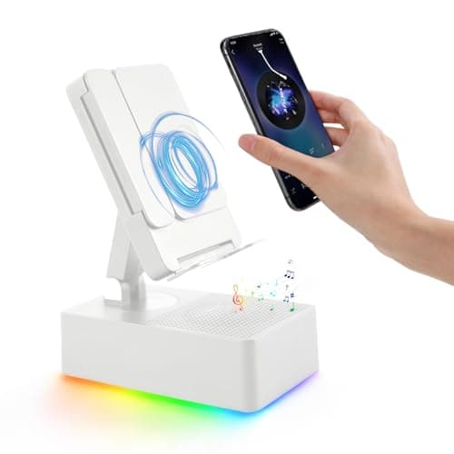 TuneEIf Wireless Induction Bluetooth Speaker, 5-in-1 Foldable Phone Holder, 1500mAh Emergency Charging, Colorful LED Ambient Light, Tech Gadgets Gifts for Men Women, for iPhone Android Tablet, Ivory