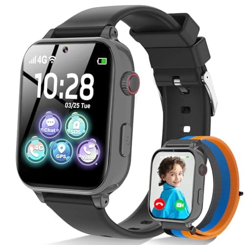 4G Kids Smart Watch GPS Tracker, Smartwatch for Kid with SIM Card, Calling, Voice Chat, Class Mode, SOS, Pedometer, Alarm, Games, HD Touch Screen Phone Watch Gift for 4-12 Girls Boys, Black Grey