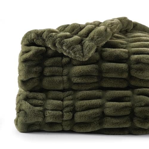 BATTILO HOME Olive Green Faux Fur Throw Blanket for Bed, Double Side Reversible Ruched Faux Rabbit Fur Throw for Couch, Bed, Super Soft Blanket Cozy Warm Mink Blanket, 50"x60"