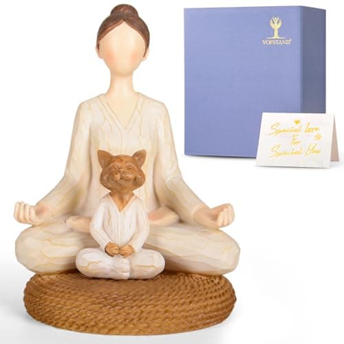 Vofstand Yoga Meditation Statue Gifts for Women - Mini Yoga Girl with Cat Dog Figurines Gift for Office Cute Relaxation Gifts for Yoga Lovers & Cat Dog Lover Resin Yoga Figurine Decor Table Ornament
