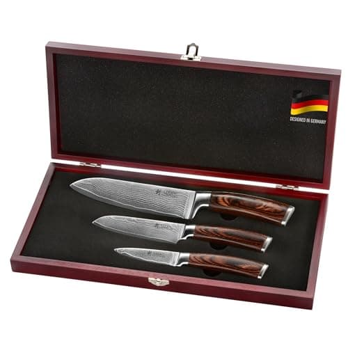 Wakoli EDIB 3-Piece Damascus Kitchen Knife Set in Wooden Gift Box – Sharp Knives Set made of Genuine Damascus Steel (VG10 Core) – Santoku, Small Santoku, & Pairing Knife – Ergonomic Pakkawood Handles