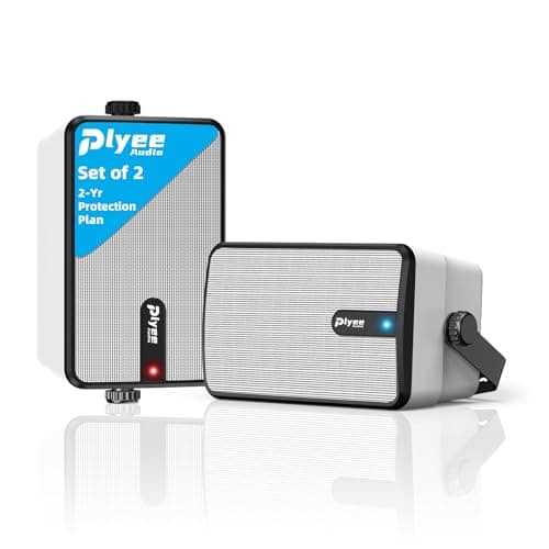 Plyee Audio 250W Outdoor Bluetooth Speakers, Wireless Sync Between Speakers, Powerful Bass, Wall Mount for Patio, Porch, Gazebo, Garage, 2-Pack, White(MZ-632)