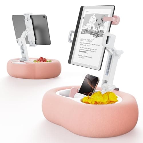 TAZENI Tablet Kindle Pillow Stand Holder with 2 Trays Fit 4''-13'' Phone/Tablet/Kindle iPad Holder Stand for Bed with Soft Plus Fabric Reading Accessories Gift, Pink