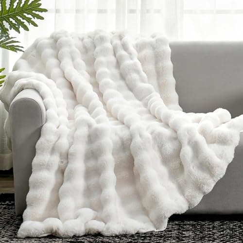 Cozy Bliss Faux Fur Throw Blanket for Couch, Fuzzy Soft Plush Thick Bubble Blanket for Sofa Bedroom Living Room, 50 * 60 Inches Cream White