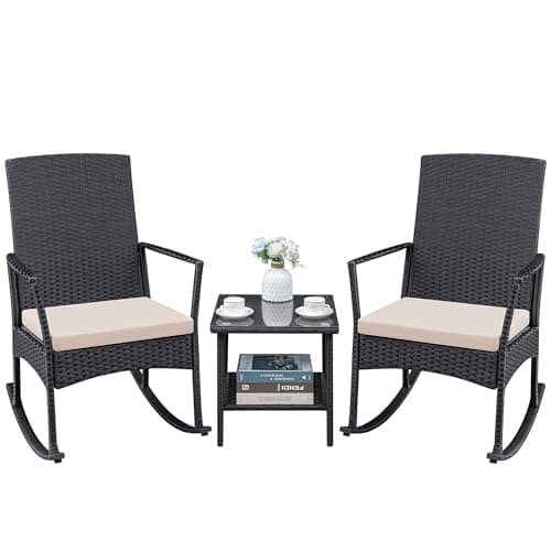 Greesum 3 Pieces Patio Furniture Set Outdoor Wicker Rocking Chairs with Glass Coffee Table for Garden Backyard Porch Poolside, Beige