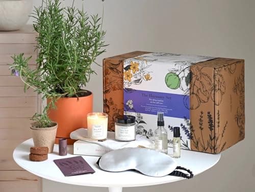 FleurDuBien Lux Lavender Growing Kit & Spa Gift Basket Self-Care Set with Lavender Silk Eye Mask, Mist, Roll-On, Bath Salts, Soy Wax Candle with Perfumist-Crafted Scent Terracotta Pot