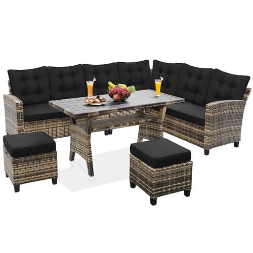 KROFEM 6-Piece Outdoor Patio Furniture Set - Sectional Sofa, Dining Table & Chairs Included, All-Weather Dining Set with Ottoman, Natural Wicker and Black Cushions