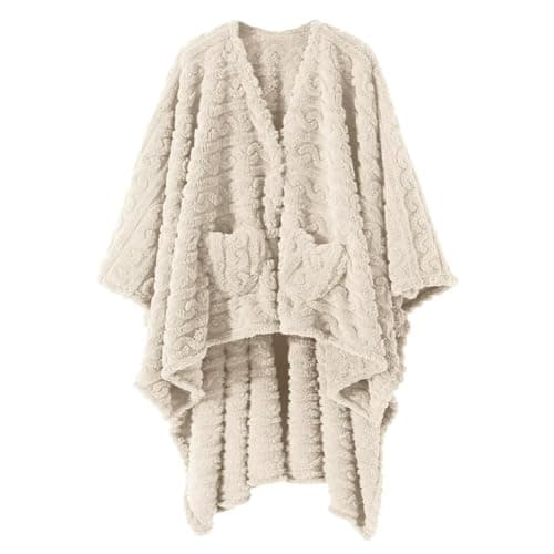 Wearable Blanket Sherpa Fleece Shawl Blanket with Pockets for Adults Women and Men, Cozy Shawl TV Throw Blankets (Ivory, 58'' x 64'')