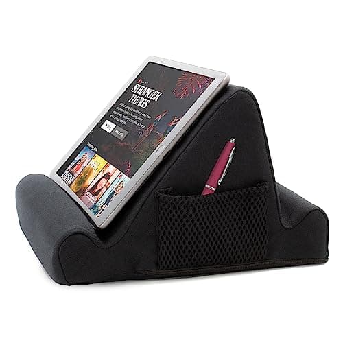 Brookstone - Memory Foam Lap Desk Tablet Holder, Holds Phones, iPads, E-Book Readers, 2 Viewing Angles, 2 Side Pockets for Accessories, Book Holder Cushion, Perfect Home, Car Travel, Flights, Black