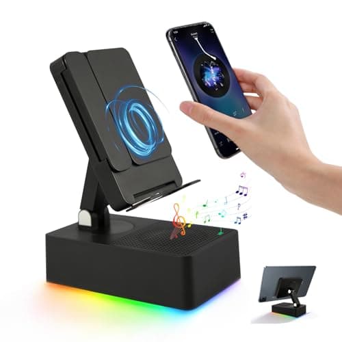 TuneEIf Wireless Induction Bluetooth Speaker, 5-in-1 Foldable Phone Holder, 1500mAh Emergency Charging, Colorful LED Ambient Light, Tech Gadgets Gifts for Men Women, for iPhone Android Tablet, Onyx