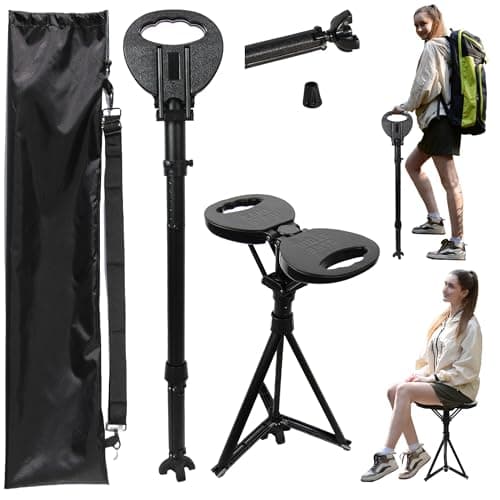 PLOGGING Adjustable Cane with Seat Folding Lightweight, Portable Cane Chair for Adults & Seniors, Walking Stick with Seat for Travel Hiking, with Cushion Carry Bag