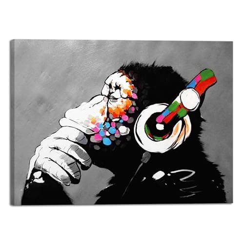 Wieco Art Monkey With Headphones Banksy Graffiti Art Abstract Canvas Painting Posters and Prints Animal Canvas Wall Art for Wall Decor and Home decorations Office Decor