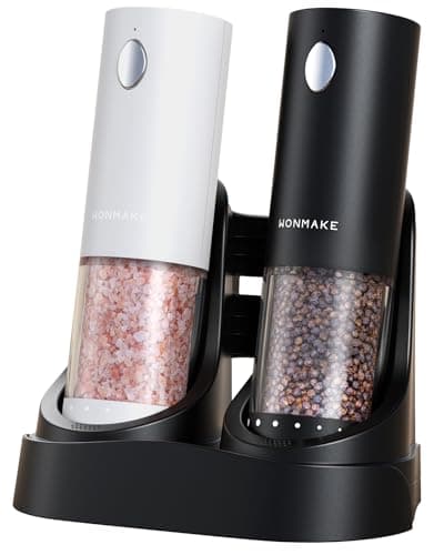 Electric Salt and Pepper Grinder Set - Automatic Refillable Salt and Pepper Grinders with Charging Base & LED Light, 6-Level Adjustable Coarseness with External Dial, Ideal Kitchen Gadget，Black& White