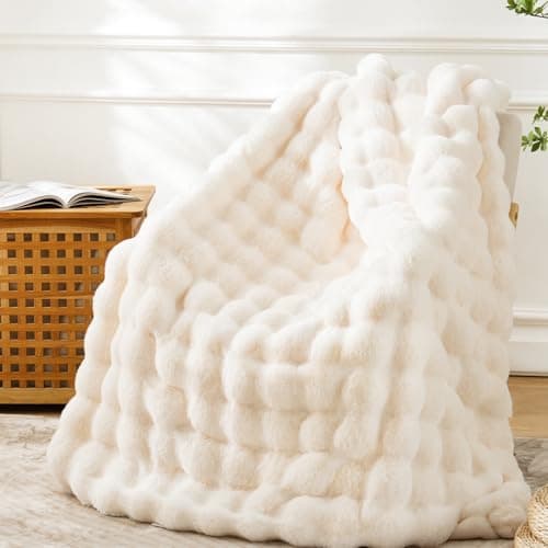 BENVWE Faux Fur Throw Blanket for Couch Bed - Fluffy Soft Thick Bubble Blanket for Living Room Home Decor - Mothers Day Birthday Gifts for Women, Cream White, 63" x 80"
