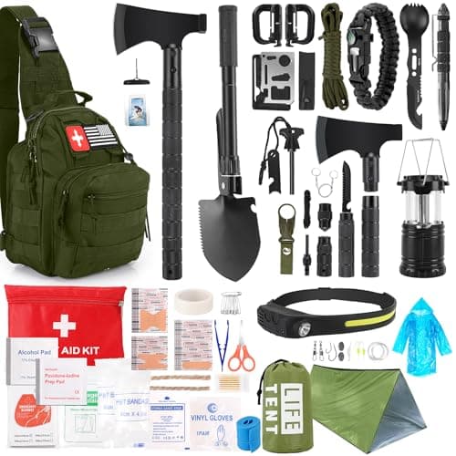 Survival Kit, 268 Pcs Emergency Survival Gear and Equipment Supplies with First Aid Kit, Camping Axe, Headlamp, Crossbody Bag for Camping Hiking, Hunting, Gift for Christmas Men, Dads,