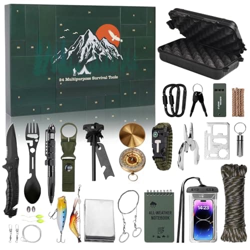 Advent Calendar Survival Kits for Men - 24 Days Christmas Countdown Calendar Emergency Survival Gears Gift for Teen Adult, 2025 Xmas Cool Gadgets for Outdoor Camping Fishing Hunting Adventure