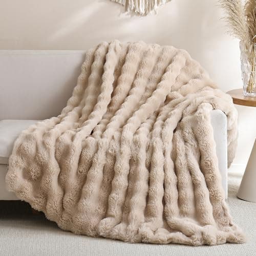 Smoofy Faux Fur Throw Blanket for Couch – Linen Fluffy Cozy Rabbit Fleece, Plush Soft Bubble Blanket for Sofa & Bed, for Mom, Warm Fuzzy Home Room Decor Throw 60" x 80"