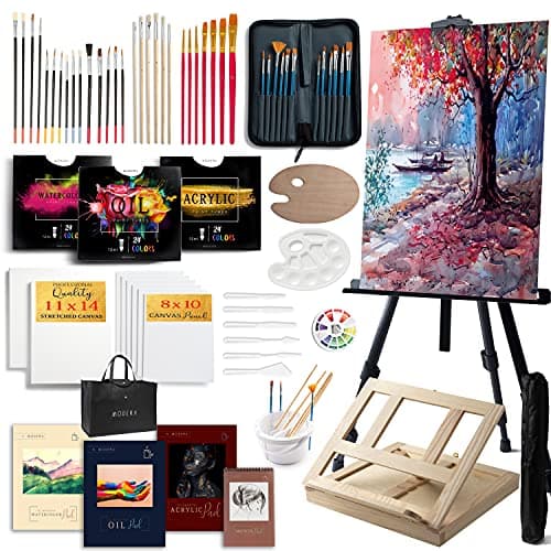 Large Deluxe Artist Painting Set, 141-Piece Professional Art Paint Supplies Kit w/Aluminum Field & Wood Table Easel for Adults, Acrylic, Oil, Watercolor Paints, Brushes, Canvases, Sketch Pads & More