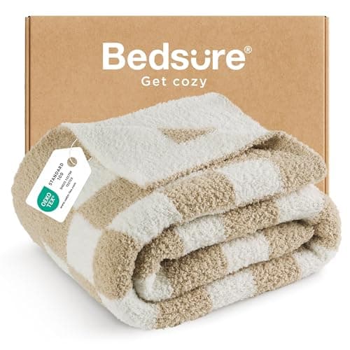Bedsure Throw Blanket for Couch Bed Sofa - Super Soft, Beige, Checkered Throw Blanket, GentleSoft, Fluffy, Cozy, Santa Gifts for Women, 50x60 Inches