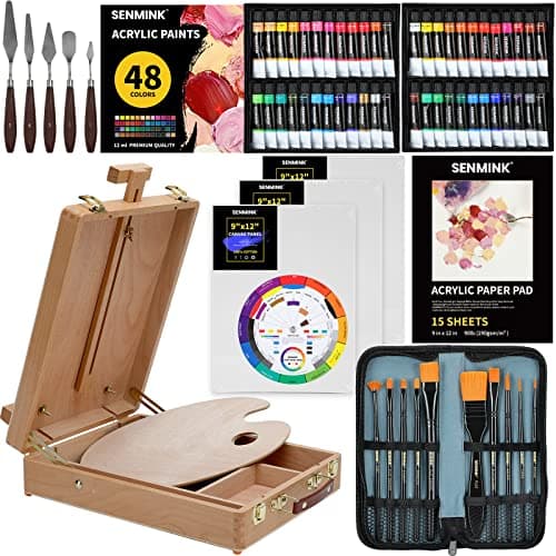 69 Pcs Artists Painting Set with Wood Box Easel，48×12ML Acrylic Painting Set, Canvas 9x12 inches, Wood Palette, Palette Knife Art Supplies, Paint Set for Adults Beginners