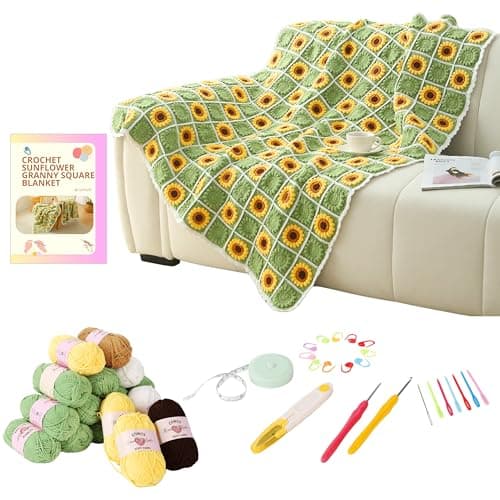 CSWCS Crochet Blanket Kit for Beginners, Sunflower Granny Square Crochet Blanket Kit for Adults, Easy Learn How to Knitting with Yarn Accessories Book & Video Tutorials for Starter (47" x 39")