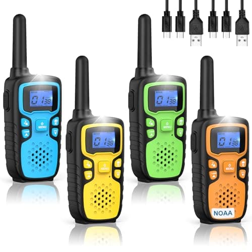 Wishouse Walkie Talkies for Kids Rechargeable Long Range,Xmas Birthday Gift for 4 5 6 7 8 9 Year Old Boys Girls,Hiking Gear Camping Games Cool Toys with NOAA,SOS Siren,Lamp,Lanyards,Easy to Use,4 Pack