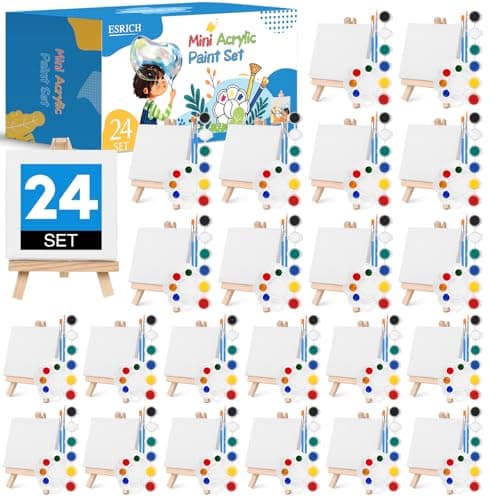 ESRICH 24 Set Mini Acrylic Paint Kit, Mini Stretched Canvas with Easel, Valentines Day Gifts, Acrylic Paint Strips, Paint Palettes, Painting Brushes, Canvas and Easel Set for Kids Artists Beginner