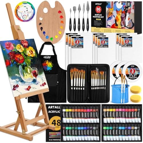 86-Piece Acrylic Painting Kit with Tabletop Easel, 48 Colors Acrylic Paint Set, Paint Brush Set & Case, Brush Basin & Art Apron, Complete Art Supplies Painting Set for Adults, Artists, Beginners