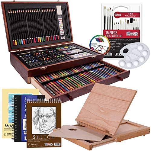 U.S. Art Supply 163-Piece Mega Wood Box Artist Kit with Easel, Painting, Drawing & Art Supplies for Adults - Watercolors, Oil Pastels, Pencils, Crayons & Brushes - Art Kit for Adults, Gift Set