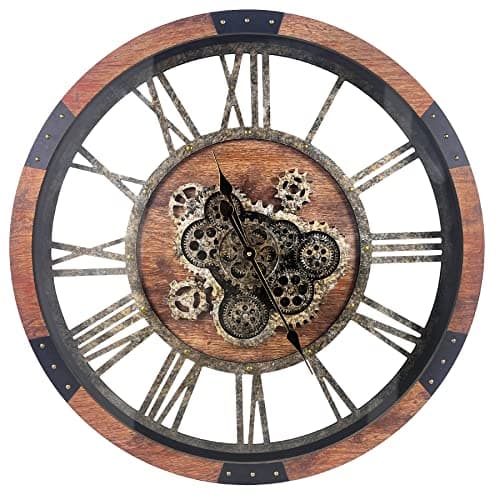 DORBOKER 30" Large Wall Clock Moving Gears,Oversized Industrial Rustic Farmhouse Clocks for Living Room Decor Office Home, Solid Wood Retro Metal HD Tempered Glass Cover, Brown and Vintage Bronze