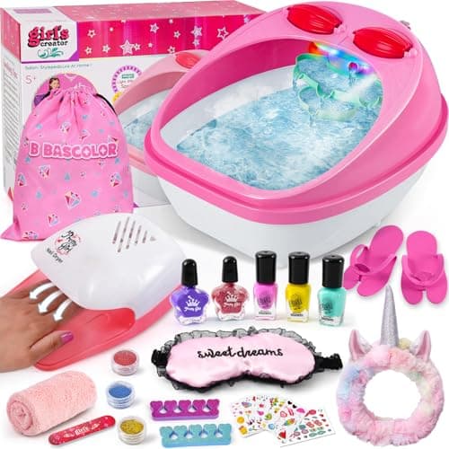 B Bascolor Kids Foot Spa & Nail Kit Set, Kids Spa Day Kit for Girls, Massage Foot Soak Tub and Nail Dryer, Toys Manicure Pedicure Art Salon Girl Gift for 5 6 7 8-12, Christmas Birthday Gifts