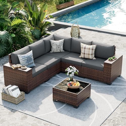 UDPATIO Patio Furniture Set, 8 Inch Armrest Outdoor Sectional Sofa, 6 Piece Wicker Outdoor Furniture Conversation Sets with Waterproof Cover and Coffee Table for Backyard Deck(Brown/Dark Grey)