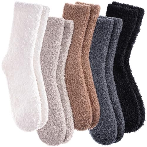 CHOWISH Womens Fuzzy Slipper Socks Super Soft Microfiber Fluffy Cozy Winter Warm Fuzzy Crew Socks (5 Pairs Solid Color-B