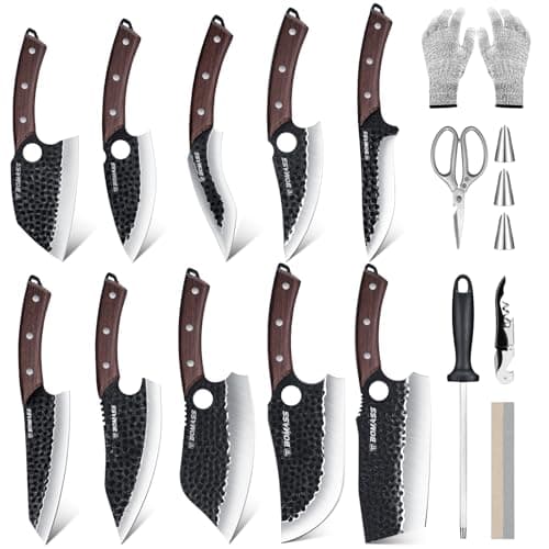 Meat Cleaver Butcher Knife Set of 17Pcs, Hand Forged Kitchen Knives Set, High Carbon Steel Chef Knife Set with bag & 6 Accessories, Boning Knives for Meat Cutting, Outdoor Cooking BBQ Camping Gift