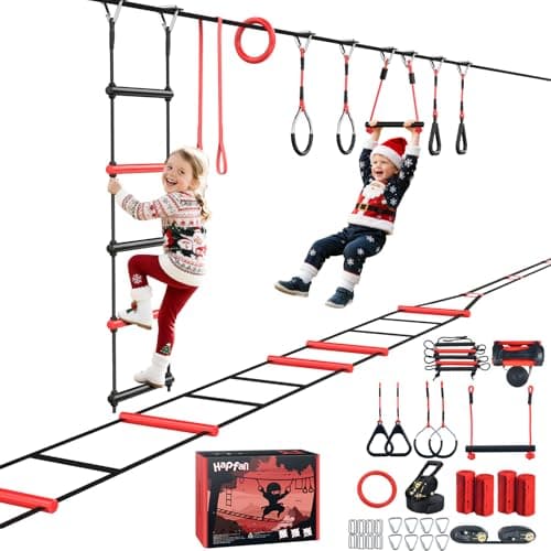 Hapfan Ninja Warrior Obstacle Course for Kids with Rickety Bridge, 50 FT Slackline Kit with Weather-Proof Obstacles, Outdoor Jungle Gym Climbing Toys for Backyard