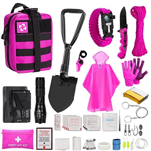 ThinkLearn Pink Survival Kits with First Aid Kit, Hiking Camping Gear and Equipment for Women, Professional Bug Out Bag Survival Set with Molle Pouch, Outdoor Gift for Women