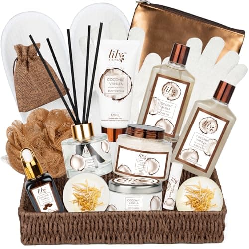 Bath and Body Gift Basket Set for Women - Coconut Vanilla Christmas Gifts for Women, Spa Gift Basket 17-Piece Bath Gift Set Self Care Gifts for Mothers Day, Fathers Day, Birthday Gifts for Her & Him