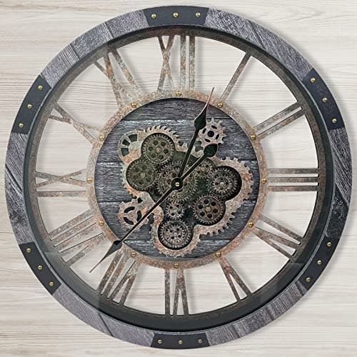 DORBOKER 30" Large Wall Clock Moving Gears,Oversized Industrial Rustic Farmhouse Clocks for Living Room Decor Office Home, Solid Wood Retro Metal HD Tempered Glass Cover,Carbon Grey