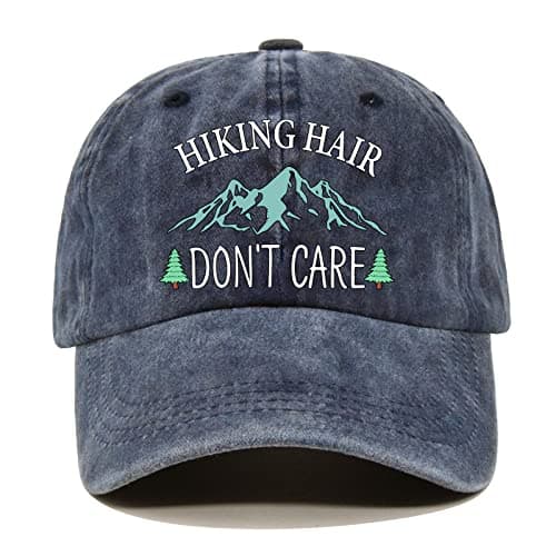 Pishovi Hiking Hair Don't Care Distressed Washed Blue Baseball Cap, Vintage Adjustable Cotton Cap, Retirement Gifts for Men and Women, Hiking Hats for Mom and Dad, Birthday Gifts for Camping Lovers