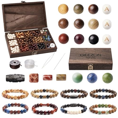 Geezon Navis Bracelet Making Kit - 10mm Natural Wooden Beads with Letters & Stone Beads - 296pcs in 16 Colors - DIY Jewelry Making Starter Kit Adult Men Women Birthday Gift Craft