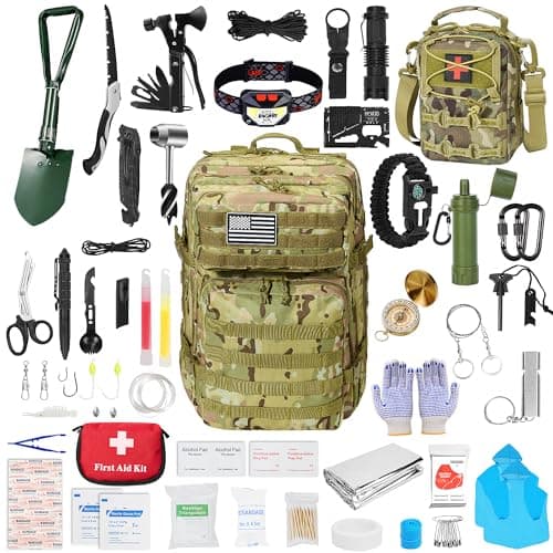 Survival First Aid Kit,99PCS Professional Survival Gear Large Hiking Backpack with Emergency Equipment Outdoor Adventure Accessories,Gift for Men Father - (Camo-Brown)