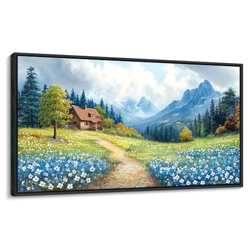 CHATYOUNG Large Mountains Wall Art, Rustic Blue Forest Wild Flowers Wall Picture Path Cottage Landscape Framed Wall Paintings for Living Room Bedroom kitchen Home Decor Gifts for Women 29"X58"
