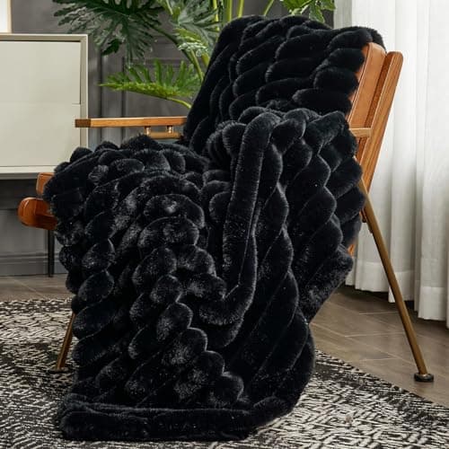 Cozy Bliss Faux Fur Throw Blanket for Couch, Cozy Warm Plush Striped Blanket for Sofa Bedroom Living Room, 50 * 60 Inches Black