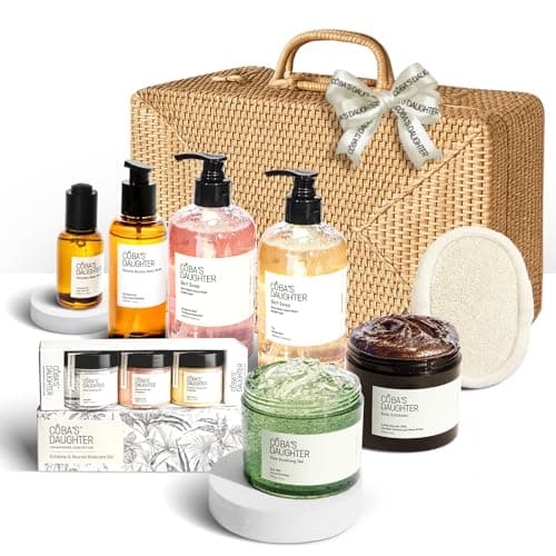 COBA'S DAUGHTER Rattan Gift Basket - 11-Piece Spa Inspired Bath, Body & Hair Kit for Women, Includes Coffee Scrub, Aloe Soothing Gel, Hair Serum, and Travel Minis (11 Pieces)