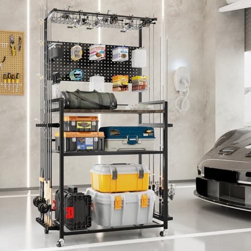SOYEEZE Large Size Fishing Rod Holders for Garage, Heavy Duty 4-Tier Fishing Pole Rack Holds up to 12 Rods with Pegboard and Hooks, Fishing Gear Organizer, Fishing Storage Cart with Lockable Wheels