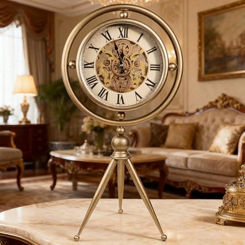 Moving Gears Desk Clock, Mantle Clock, Three Legs Standing Clock Industrial Steampunk Decor for Living Room Farmhouse Offcie, Christams Gifts Ideas for Father Boss Senior Friend (13inch Black Pearl)