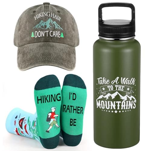 Mumucove 3 Pcs Christmas Hiking Gifts Hike Hat 32oz Green Stainless Steel Tumbler Water Bottle with Spout Lid Funny Hiking Socks Outdoors Gifts for Women Men Climbing Walking Running Sports Lovers
