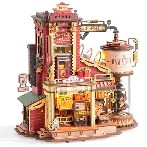 ROKR 3D Puzzle for Adults Christmas Style Dream Gift Factory Wooden Model Kit Luminous Factory DIY Dollhouse Kit Building with Music, Lights and 5 Elves for Adults