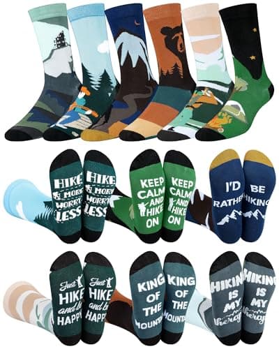 Eurzom 6 Pairs Funny Hiking Socks for Men Novelty Hike Theme Cotton Crew Socks Birthday Holiday Father's Day Gift for Outdoor Hiking Lover
